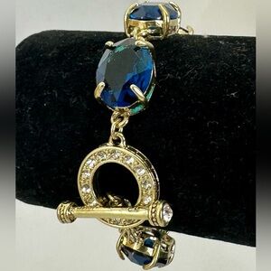 HEIDI DAUS Gold-Tone Navy Dark Blue Oval Faceted Crystal Link Toggle Bracelet